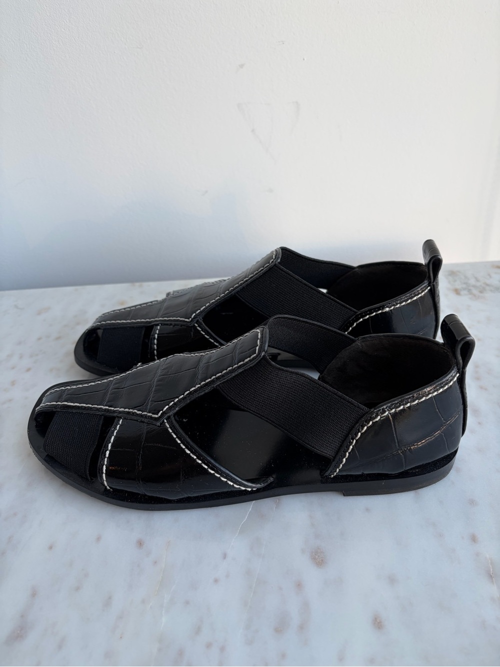 Tory Burch Black Croc-Embossed Slip-On Sandals with Elastic Straps